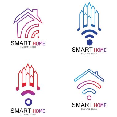 Wifi Evi Vektörü Logo.Smart Şehir Teknoloji Simgesi Vektörü. Şehir Ağı Logo Kavram Vektörü