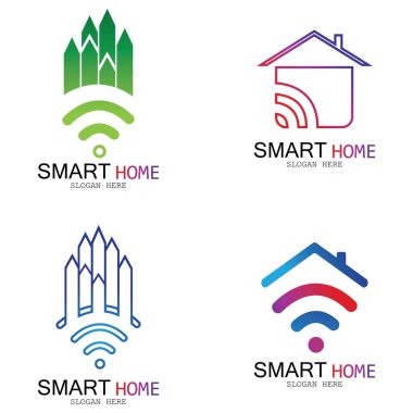 Wifi Evi Vektörü Logo.Smart Şehir Teknoloji Simgesi Vektörü. Şehir Ağı Logo Kavram Vektörü