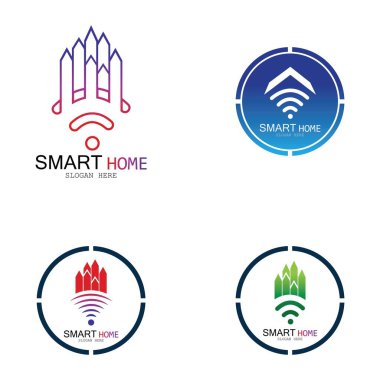 Wifi Evi Vektörü Logo.Smart Şehir Teknoloji Simgesi Vektörü. Şehir Ağı Logo Kavram Vektörü