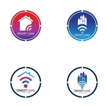 Wifi Evi Vektörü Logo.Smart Şehir Teknoloji Simgesi Vektörü. Şehir Ağı Logo Kavram Vektörü