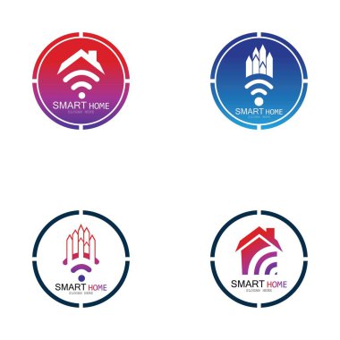 Wifi Evi Vektörü Logo.Smart Şehir Teknoloji Simgesi Vektörü. Şehir Ağı Logo Kavram Vektörü
