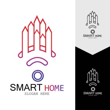 Wifi Evi Vektörü Logo.Smart Şehir Teknoloji Simgesi Vektörü. Şehir Ağı Logo Kavram Vektörü