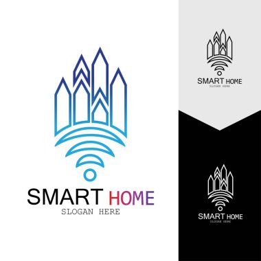 Wifi Evi Vektörü Logo.Smart Şehir Teknoloji Simgesi Vektörü. Şehir Ağı Logo Kavram Vektörü