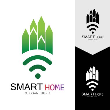 Wifi Evi Vektörü Logo.Smart Şehir Teknoloji Simgesi Vektörü. Şehir Ağı Logo Kavram Vektörü