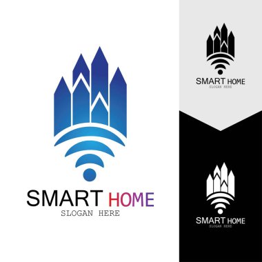 Wifi Evi Vektörü Logo.Smart Şehir Teknoloji Simgesi Vektörü. Şehir Ağı Logo Kavram Vektörü