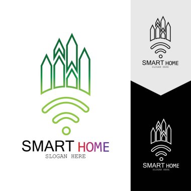Wifi Evi Vektörü Logo.Smart Şehir Teknoloji Simgesi Vektörü. Şehir Ağı Logo Kavram Vektörü