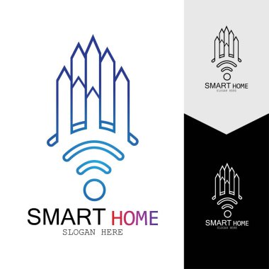 Wifi Evi Vektörü Logo.Smart Şehir Teknoloji Simgesi Vektörü. Şehir Ağı Logo Kavram Vektörü