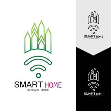 Wifi Evi Vektörü Logo.Smart Şehir Teknoloji Simgesi Vektörü. Şehir Ağı Logo Kavram Vektörü