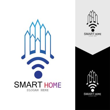 Wifi Evi Vektörü Logo.Smart Şehir Teknoloji Simgesi Vektörü. Şehir Ağı Logo Kavram Vektörü
