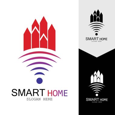 Wifi Evi Vektörü Logo.Smart Şehir Teknoloji Simgesi Vektörü. Şehir Ağı Logo Kavram Vektörü