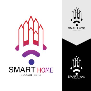 Wifi Evi Vektörü Logo.Smart Şehir Teknoloji Simgesi Vektörü. Şehir Ağı Logo Kavram Vektörü