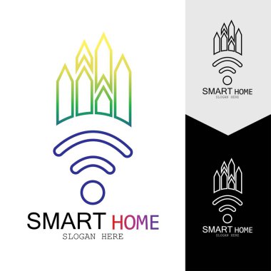 Wifi Evi Vektörü Logo.Smart Şehir Teknoloji Simgesi Vektörü. Şehir Ağı Logo Kavram Vektörü