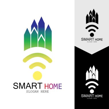 Wifi Evi Vektörü Logo.Smart Şehir Teknoloji Simgesi Vektörü. Şehir Ağı Logo Kavram Vektörü
