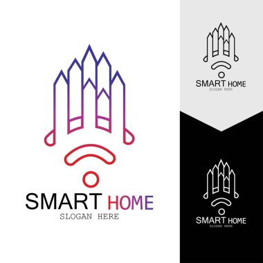 Wifi Evi Vektörü Logo.Smart Şehir Teknoloji Simgesi Vektörü. Şehir Ağı Logo Kavram Vektörü