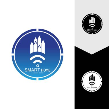 Wifi Evi Vektörü Logo.Smart Şehir Teknoloji Simgesi Vektörü. Şehir Ağı Logo Kavram Vektörü