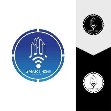 Wifi Evi Vektörü Logo.Smart Şehir Teknoloji Simgesi Vektörü. Şehir Ağı Logo Kavram Vektörü
