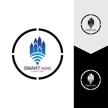 Wifi Evi Vektörü Logo.Smart Şehir Teknoloji Simgesi Vektörü. Şehir Ağı Logo Kavram Vektörü