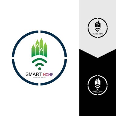 Wifi Evi Vektörü Logo.Smart Şehir Teknoloji Simgesi Vektörü. Şehir Ağı Logo Kavram Vektörü
