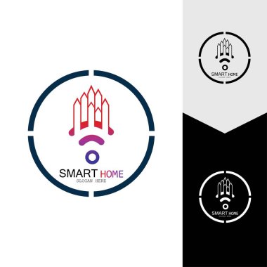 Wifi Evi Vektörü Logo.Smart Şehir Teknoloji Simgesi Vektörü. Şehir Ağı Logo Kavram Vektörü