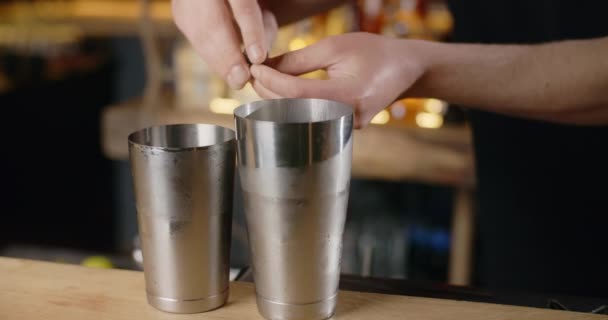 Barman přidává čerstvou červenou bazalku do otevřeného třepačky, z koktejlu se zeleninou, barman míchá studené nápoje na barovém pultu, 4k 120 fps Prores HQ — Stock video