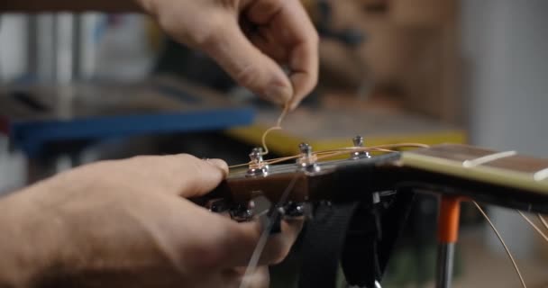 Guitar tech απογειώνει τις παλιές χορδές από τους δέκτες κιθάρας, αλλάζοντας τις χορδές στην ακουστική κιθάρα, 4k 60p 10 bit — Αρχείο Βίντεο