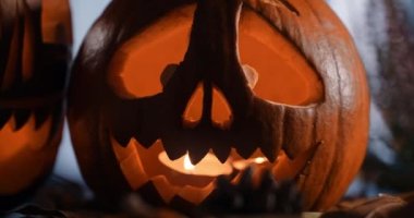 Cadılar Bayramı balkabağı yüzlü mumlar gecenin karanlığında rüzgârlı ormanda, 4k 60p Prores Karargahı 10 bit