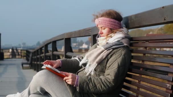 Γυναίκα με ζεστά ρούχα χαλαρώνει στη χειμερινή πλευρά της θάλασσας. Ταξιδιώτης διαβάζει ένα βιβλίο στη θυελλώδη βόρεια θάλασσα, 4k 60p — Αρχείο Βίντεο