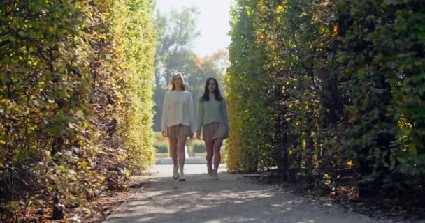 Młode kobiety bezczeszczą park w zwolnionym tempie. Moda stylowy film dwóch dziewczyn w krótkich spódniczkach spaceru do kamery na zewnątrz, 4k 60p Prores HQ — Wideo stockowe