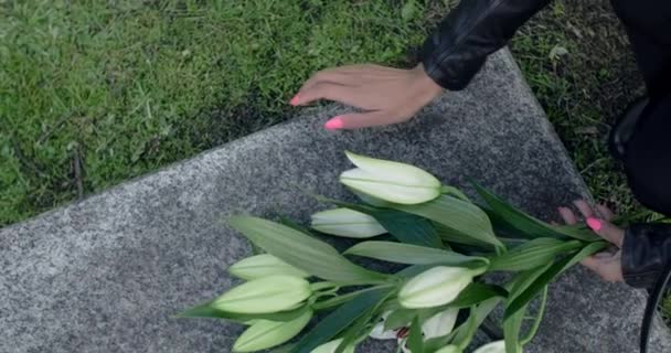 Schwarze Frau legt Blumen an den Grabstein und streicht über ihn. Grab des Verstorbenen. Grillen auf dem Friedhof, 4k 60p Prores — Stockvideo