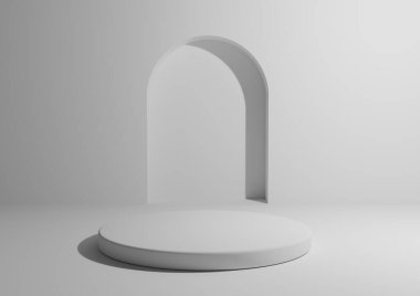 Ürün reklamcılığı ve pazarlama için tek renkli beyaz podyum. Geometrik şekilli ve yuvarlak ayaklı minimum 3D stüdyo kompozisyonu