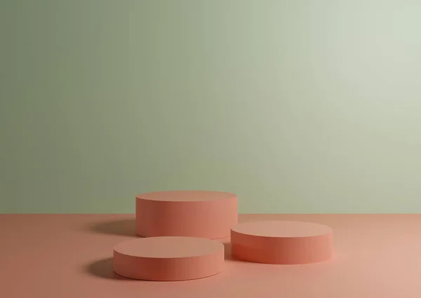 Üç pastel pembe podyum ya da ürün sergisi için pastel yeşil arka planda duruyor. Ürün fotoğrafçılığı için minimum kompozisyon 3D modelleme. Işık sağ taraftan geliyor..
