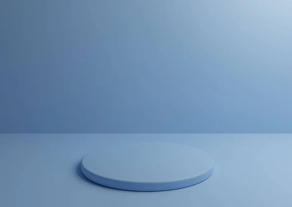 Ürün reklamcılığı ve pazarlama için tek renkli podyum. Geometrik şekilli ve yuvarlak ayaklı minimum mavi 3D stüdyo kompozisyonu