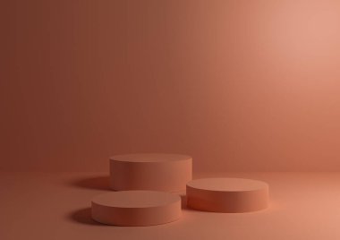Üç pastel pembe podyum ya da ürün sergisi için somon pembe arka planda duruyor. Ürün fotoğrafçılığı için minimum kompozisyon 3D modelleme. Işık sağ taraftan geliyor..