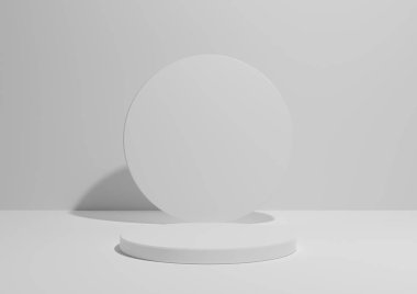 Beyaz, açık gri, siyah ve beyaz, tek silindirli basit bir kompozisyonun 3D görüntüsü veya ürün gösterimi veya geometrik şekilli reklamcılık için podyumu, boşluklu arkaplan