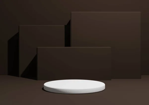 Σκούρο καφέ, 3D καθιστούν ένα απλό, ελάχιστο φόντο σύνθεση οθόνη προϊόντος με ένα βάθρο ή στάση και γεωμετρικά τετράγωνα σχήματα στο παρασκήνιο. — Φωτογραφία Αρχείου