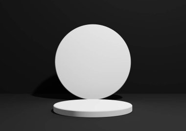 Siyah, koyu gri, siyah ve beyaz, basit ve minimal bir kompozisyonun 3 boyutlu görüntülemesi, tek silindir standı veya ürün görüntüleme veya geometrik şekilli reklamlar için podyumu, metin için boş arkaplan.