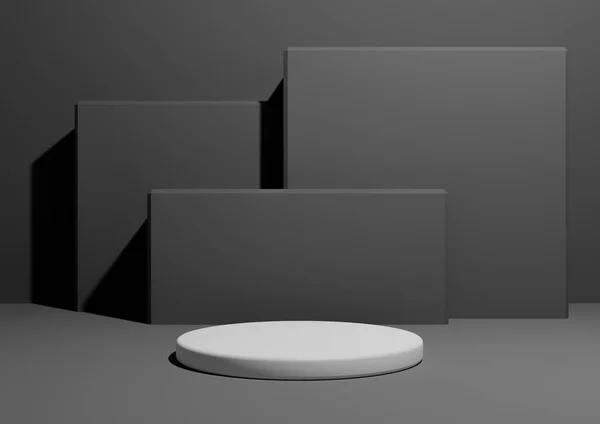 Koyu grafit gri, siyah ve beyaz, arka planda tek podyum veya ayakta duran ve geometrik kare şekilli basit, minimal ürün kompozisyon arkaplanının 3D görüntüsü.
