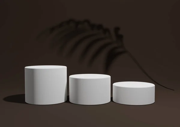 ダークブラウン 3つの表彰台またはスタンドと自然の製品の背景にヤシの葉の影とシンプルで最小限の製品表示構成の3Dレンダリング — ストック写真