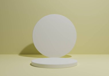 Pastel, ışık, narenciye sarısı, tek silindirli basit bir kompozisyonun 3 boyutlu canlandırması veya ürün görüntüleme veya geometrik şekilli reklamlar için podyum, metin için boş arkaplan.