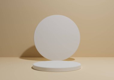 Açık bej, pastel turuncu, tek silindir standı veya ürün gösterimi veya geometrik şekilli reklamlar için podyumu olan basit ve minimal bir kompozisyonun 3 boyutlu çizimi, metin için alanı olan boş arkaplan.