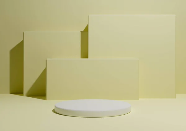 Pastel, hafif, narenciye sarısı, arka planda tek podyum veya ayakta duran ve geometrik kare şekilli basit, minimum ürün kompozisyon arkaplanının 3D görüntüsü.