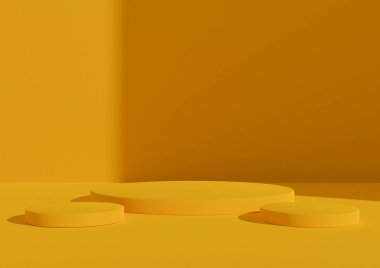 Üç podyum ya da stantlı 3 boyutlu ürün sunumu. Sade, minimum, parlak sarı kompozisyon. Pencere ışığı sağ taraftan geliyor. Kozmetik ürünler için iyi