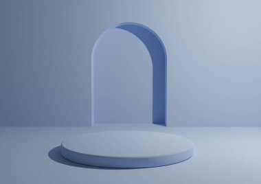Tek renkli ışık, ürün reklamcılığı ve pazarlama için pastel bebek mavi podyumu. Geometrik şekilli ve yuvarlak ayaklı minimum 3D stüdyo kompozisyonu