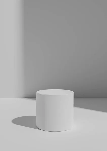 Basit, Minimal 3D Render White, Light Gray Product Explay with One Stand veya Silindir Podyumu. Sağ taraftaki Pencereden Parlak Işık Kopyalama Boşluğu