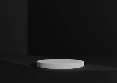 Basit, Bir Beyaz Silindir Podyumu ile Asgari 3D Hazırlama Kompozisyonu ya da Sağ Taraftan Gelen Pencere Işığını Göstermek için Soyut Siyah ya da Koyu Gri Arkaplan