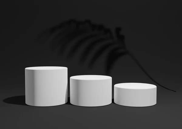 Черный, темно-серый, черно-белый, 3D визуализация простой, минимальный продукт дисплей фон композиции с тремя подиумами или стендами и пальмовых листьев тени на заднем плане для продуктов природы — стоковое фото