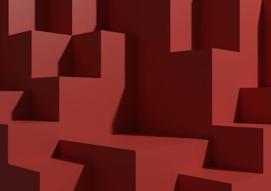 Minimal Parlak Kırmızı Arkaplan 3D Stüdyo Moda Sahnesi Podyumlar ve Ürün Gösterimi Seviyeleri Geometrik Yatay Mimari Duvar Kağıdı.
