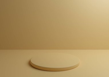 Tek renk yumuşak, pastel, ürün reklamcılığı ve pazarlama için açık sarı podyum. Geometrik şekilli ve yuvarlak ayaklı minimum 3D stüdyo kompozisyonu