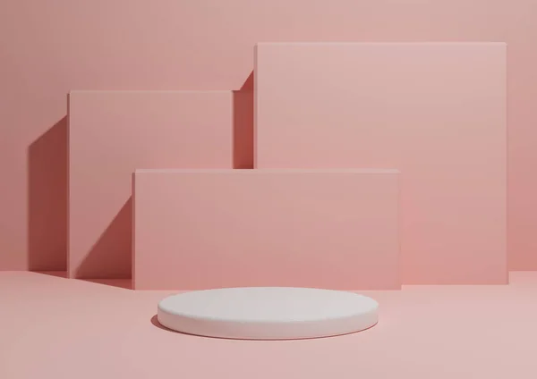 Pastel, açık kırmızı, somon pembesi, arka planda tek podyumlu veya ayakta duran ve geometrik kare şekilli basit, minimum ürün kompozisyon arkaplanının 3D görüntüsü.