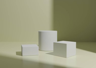 Basit Minimal Three White Podium ya da Stand Composition for Product Explay. Geometrik form 3D Renderleme Işığı, Pastel Sarı Arkaplan Pencere Işığı Sağ Taraftan.